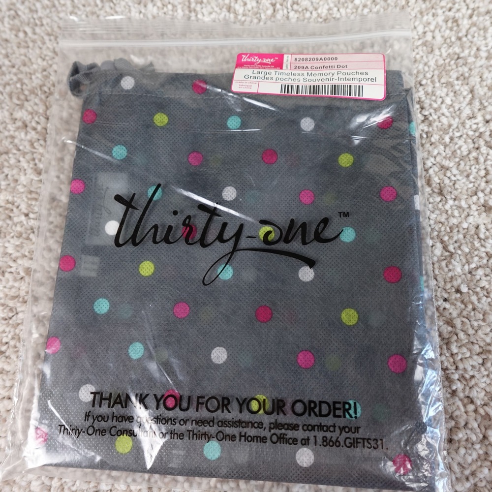 Thirty-One‎ Large Timeless Memory Pouch Confetti Dot Grey Polka Dot Bag 8208209A